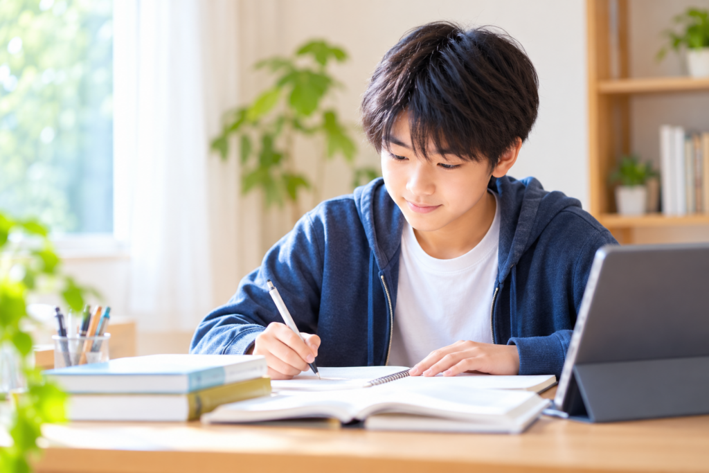春の柔らかな陽光が差し込む室内で、ノートとタブレットを使って自分のペースで学習する中学生